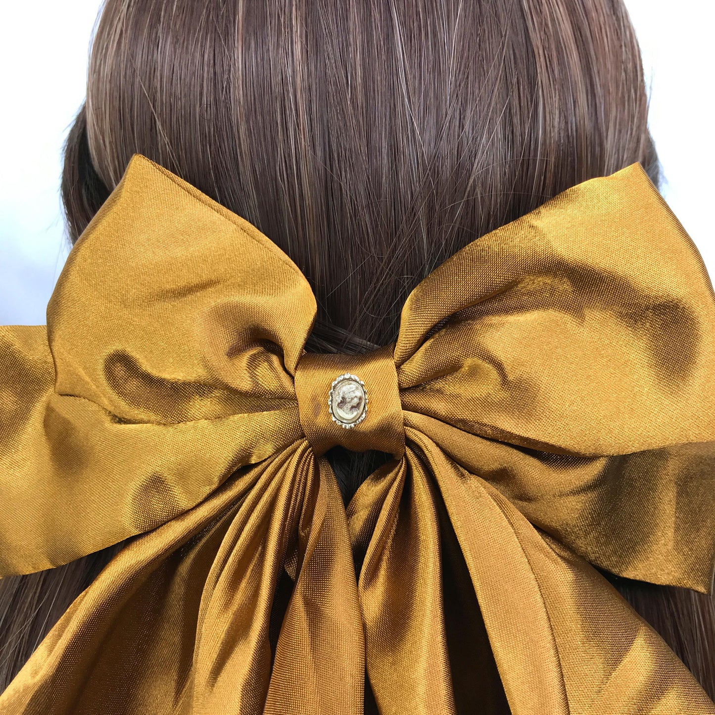 Handmade Caramel Brown Satin Small Dainty Victorian Style Cameo Feminine Oversized Large Statement Ribbon Bow Barrette Hair Clip