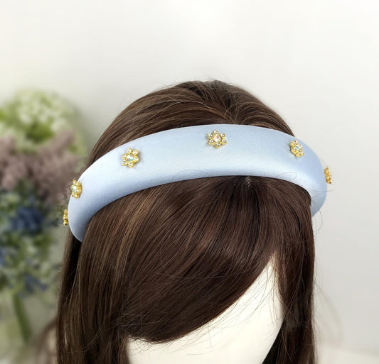 Handmade Powder Blue Satin Aurora Borealis Gold Plated Crystal Floral Flower Statement Headband