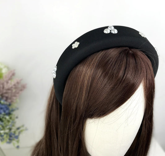 Handmade Black Satin Round Circle Faux Cream Three Pearl Floral Flower Thick Statement Tudor Headband Anne Boleyn Inspired