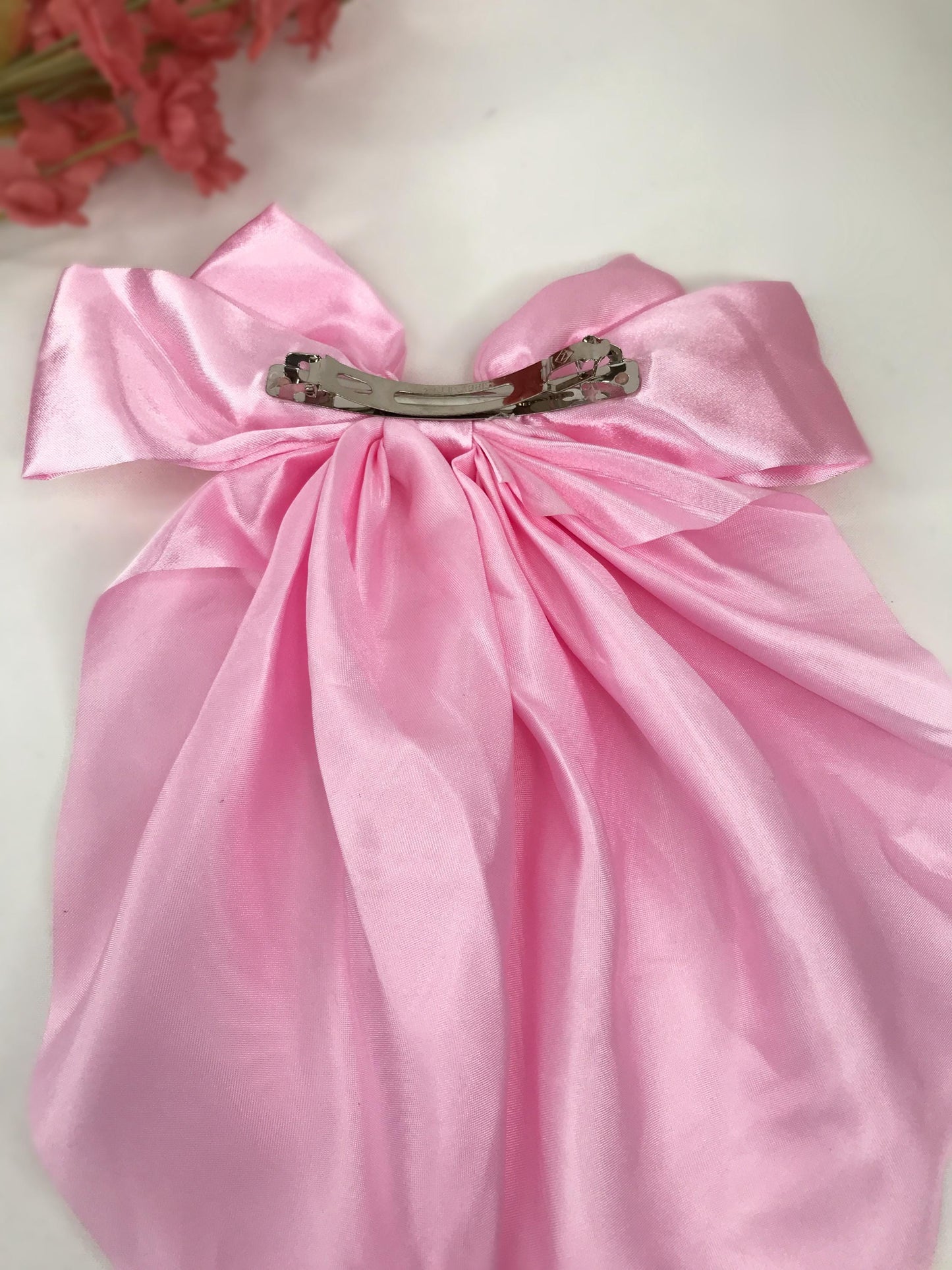 Handmade Pink Satin White Small Dainty Victorian Style Cameo Feminine Oversized Large Statement Ribbon Bow Barrette Hair Clip