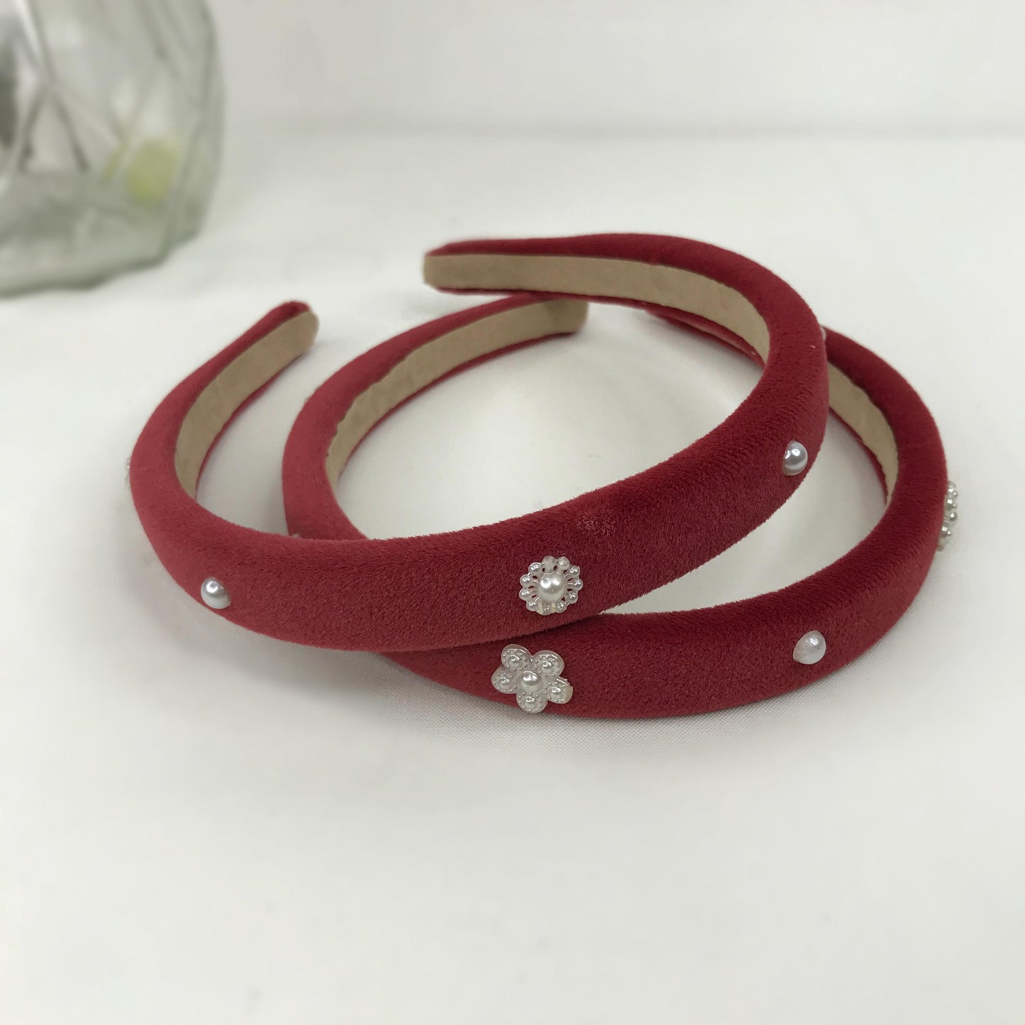 Handmade Red Velvet Faux Cream Pearl Floral Flower Statement Headband
