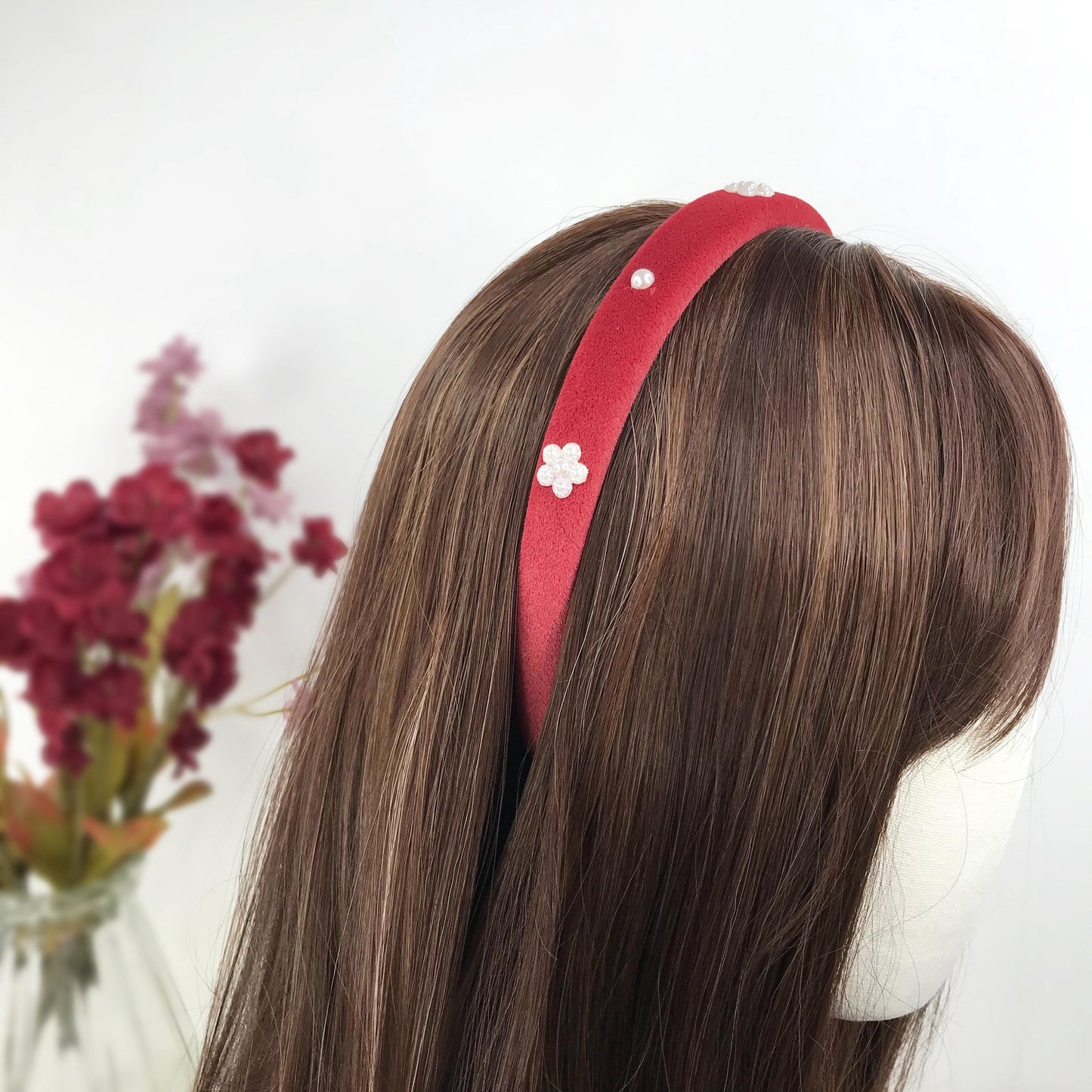 Handmade Red Velvet Faux Cream Pearl Floral Flower Statement Headband