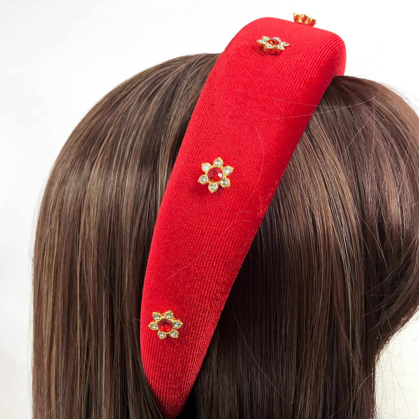 Handmade Red Velvet Gold Plated Clear Red Crystal Floral Flower Thick Statement Headband