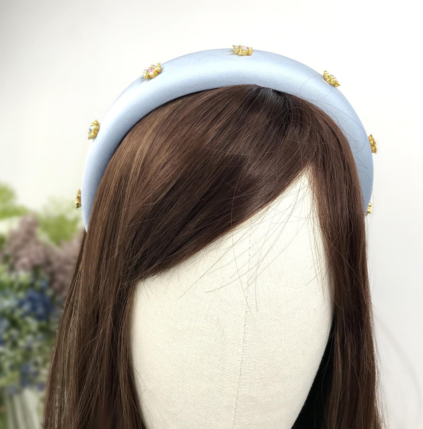 Handmade Powder Blue Satin Aurora Borealis Gold Plated Crystal Floral Flower Statement Headband