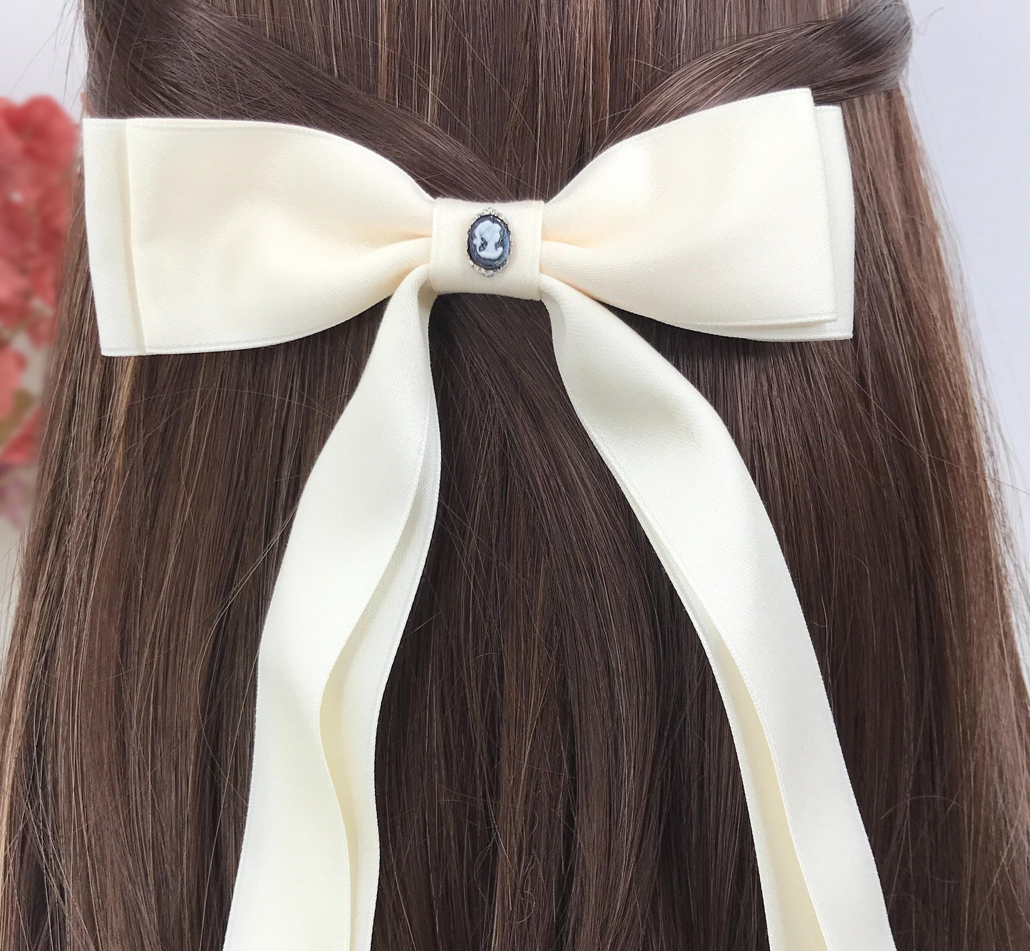 Handmade Cream Satin Vintage Black Small Dainty Victorian Style Cameo Feminine Large Statement Ribbon Bow Hair Clip