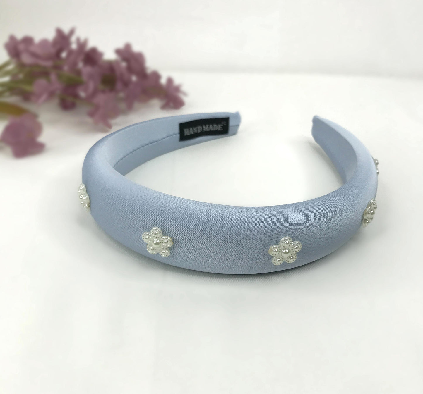 Handmade Powder Blue Satin Faux Cream Pearl Floral Flower Statement Headband