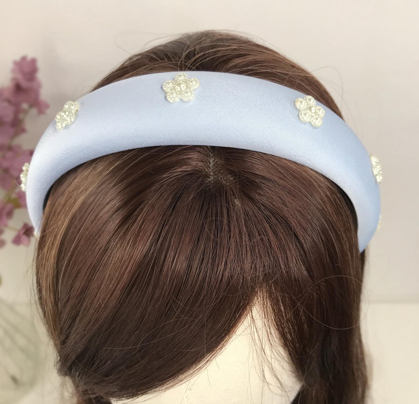 Handmade Powder Blue Satin Faux Cream Pearl Floral Flower Statement Headband