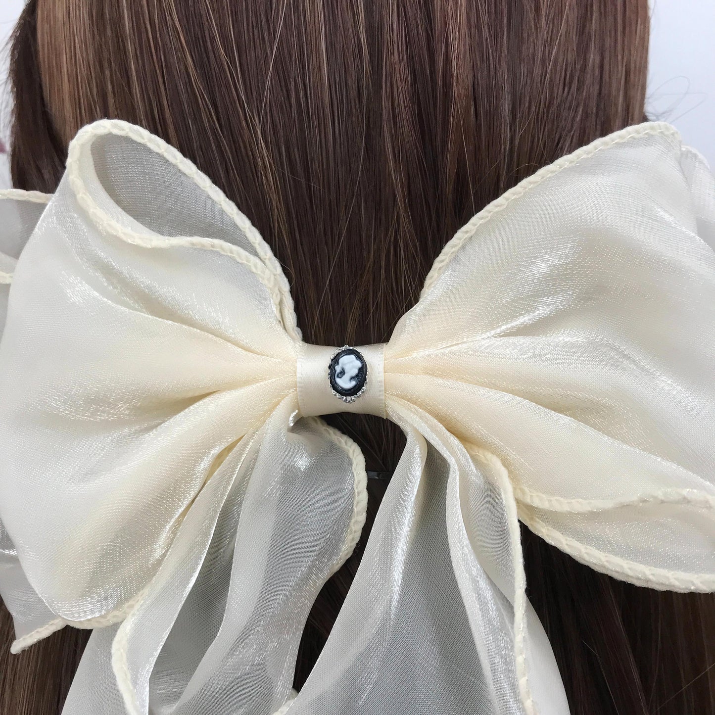 Handmade Cream Satin Small Vintage Black Small Dainty Victorian Style Cameo Feminine Large Statement Ribbon Bow Hair Clip