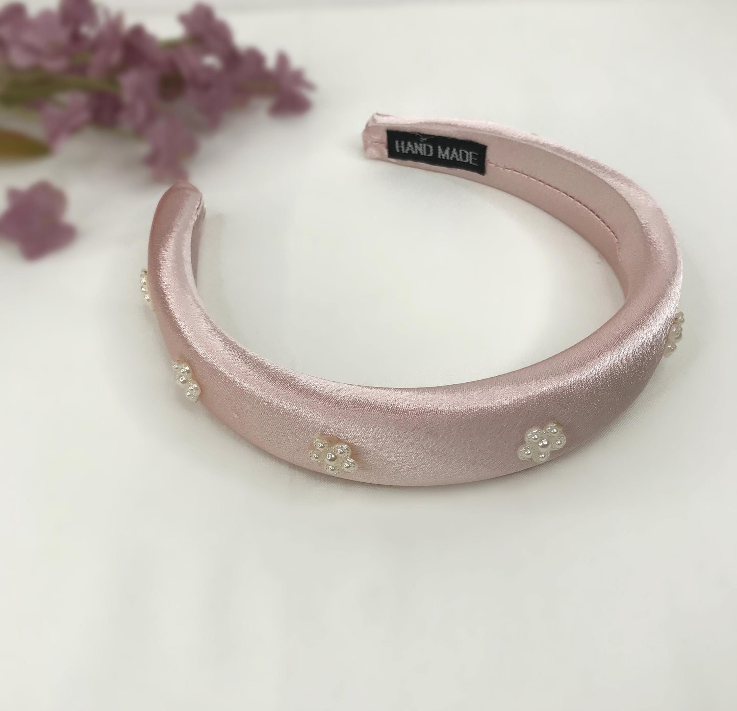 Handmade Light Pink Satin Faux Cream Pearl Floral Flower Feminine Statement Headband