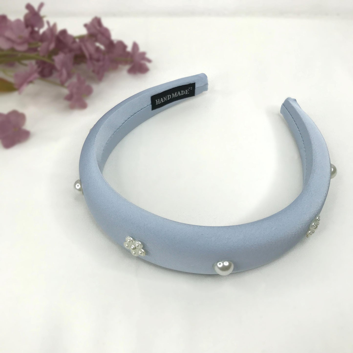 Handmade Powder Blue Satin Faux Cream Pearl Round Circle Floral Flower Statement Headband