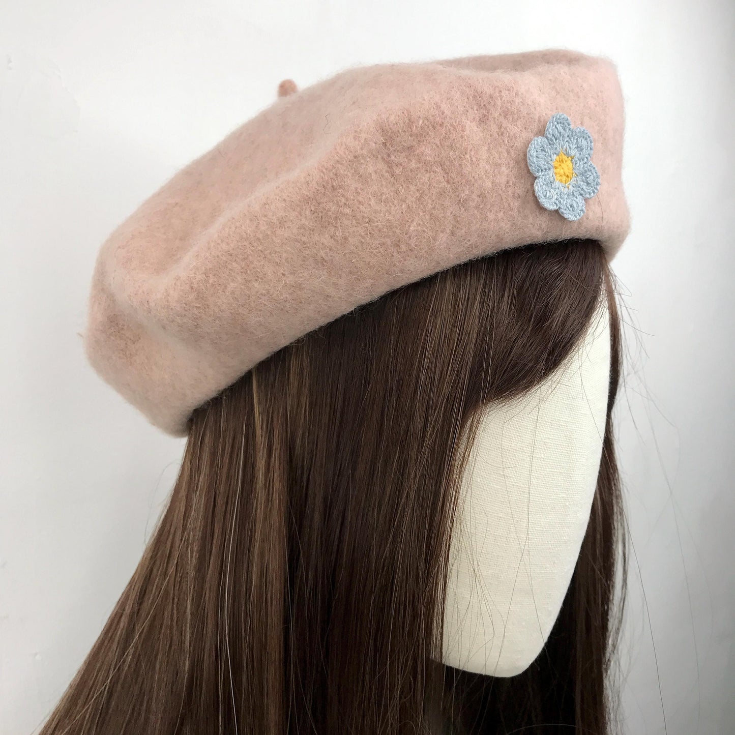 Light Pink Wool Blue Yellow Daisy Floral Flower Cute French Style Chic Beret Hat