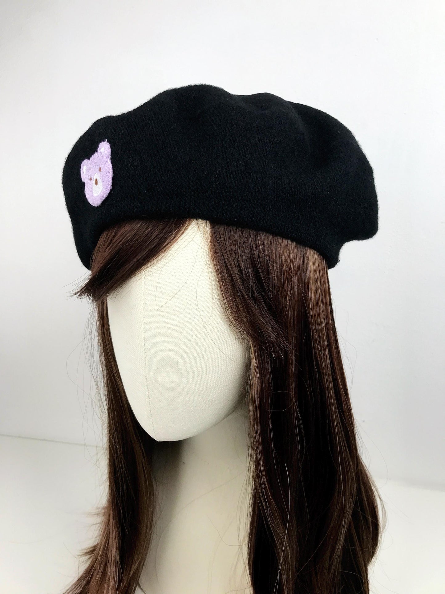 Black Light Purple Wool Teddy Bear Cute French Style Chic Beret Hat