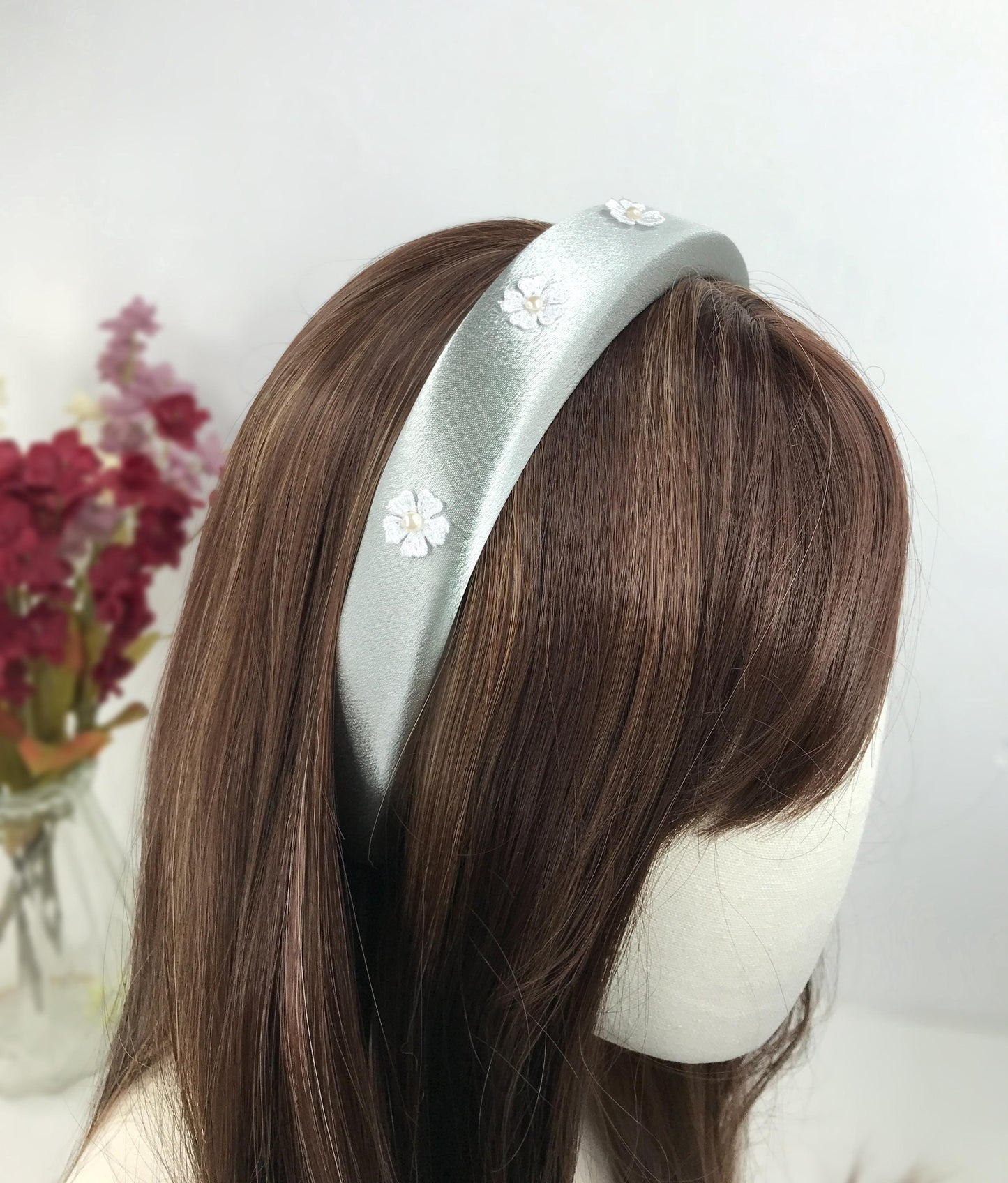 Handmade Silver Grey Satin Faux Cream Pearl Round Circle Vintage White Lace Floral Flower Statement Headband