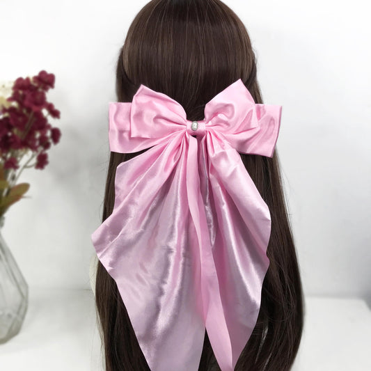 Handmade Pink Satin White Small Dainty Victorian Style Cameo Feminine Oversized Large Statement Ribbon Bow Barrette Hair Clip
