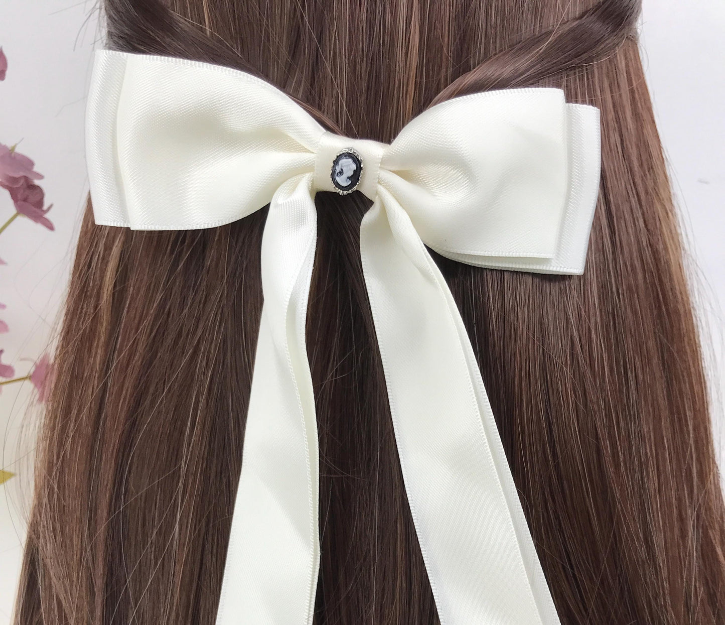 Handmade Beige Satin Vintage Black Small Dainty Victorian Style Cameo Feminine Large Statement Ribbon Bow Hair Clip