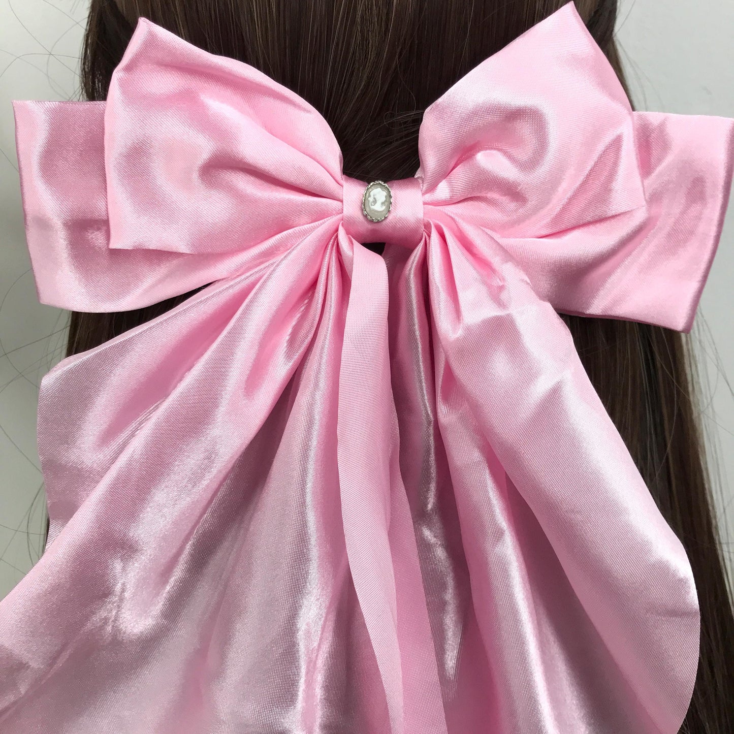 Handmade Pink Satin White Small Dainty Victorian Style Cameo Feminine Oversized Large Statement Ribbon Bow Barrette Hair Clip