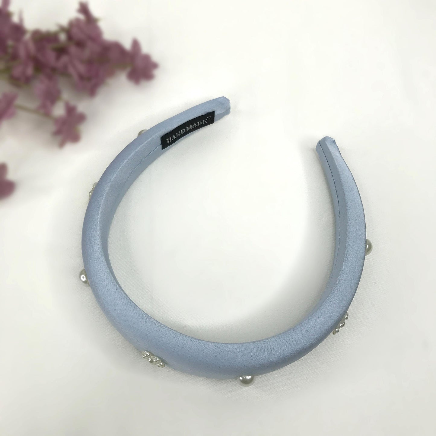 Handmade Powder Blue Satin Faux Cream Pearl Round Circle Floral Flower Statement Headband
