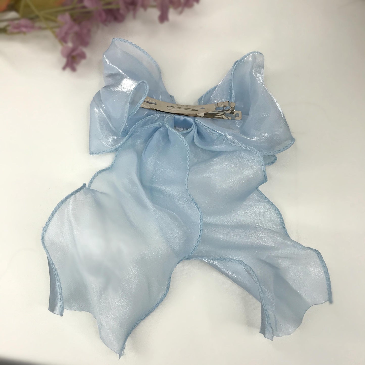 Handmade Light Blue Satin Small White Vintage Lace Floral Flower Cream Faux Pearl Feminine Large Statement Ribbon Bow Hair Clip
