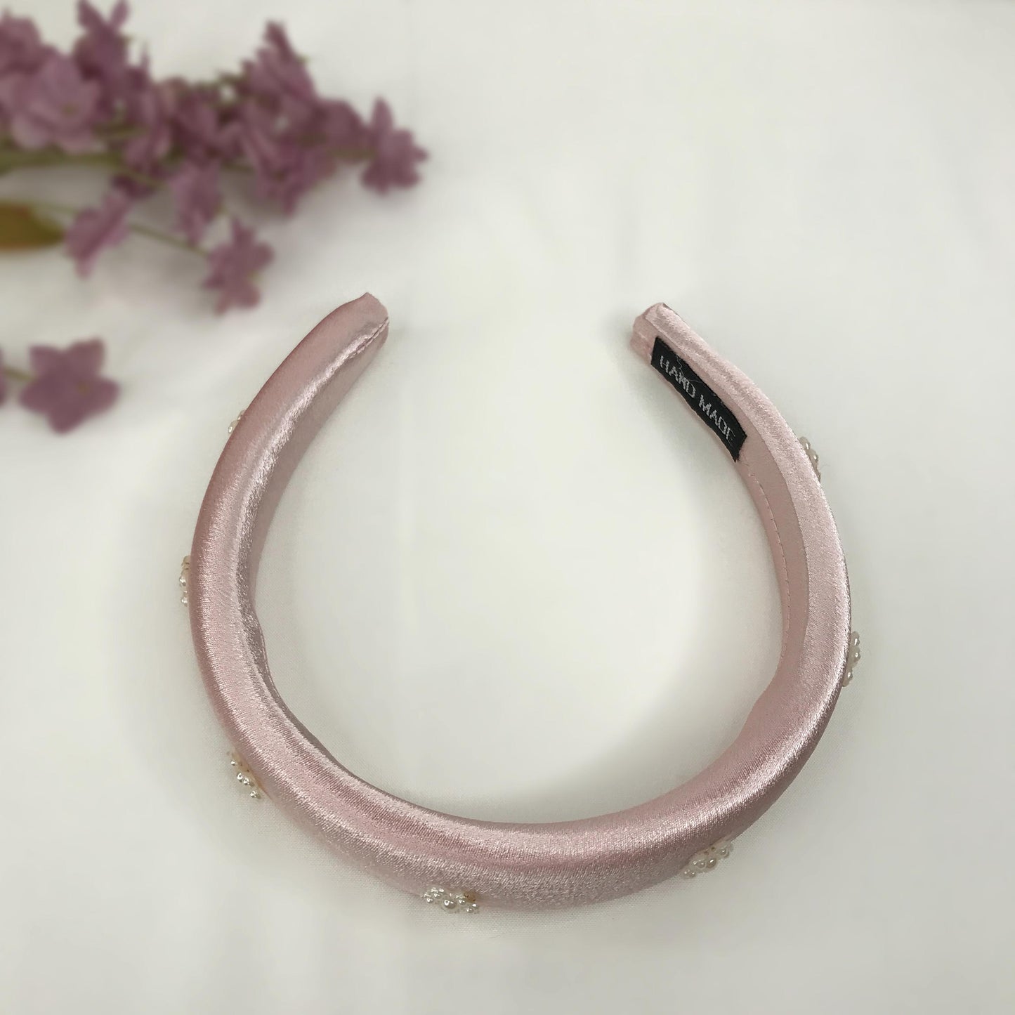 Handmade Light Pink Satin Faux Cream Pearl Floral Flower Feminine Statement Headband