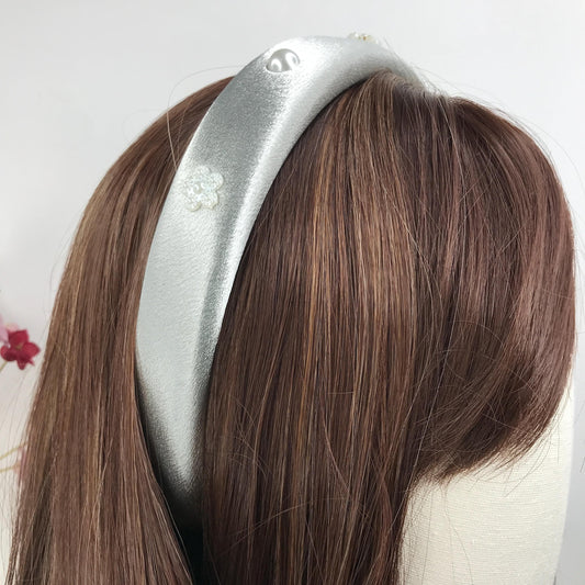 Handmade Silver Grey Satin Faux Cream Pearl Round Circle Floral Flower Statement Headband