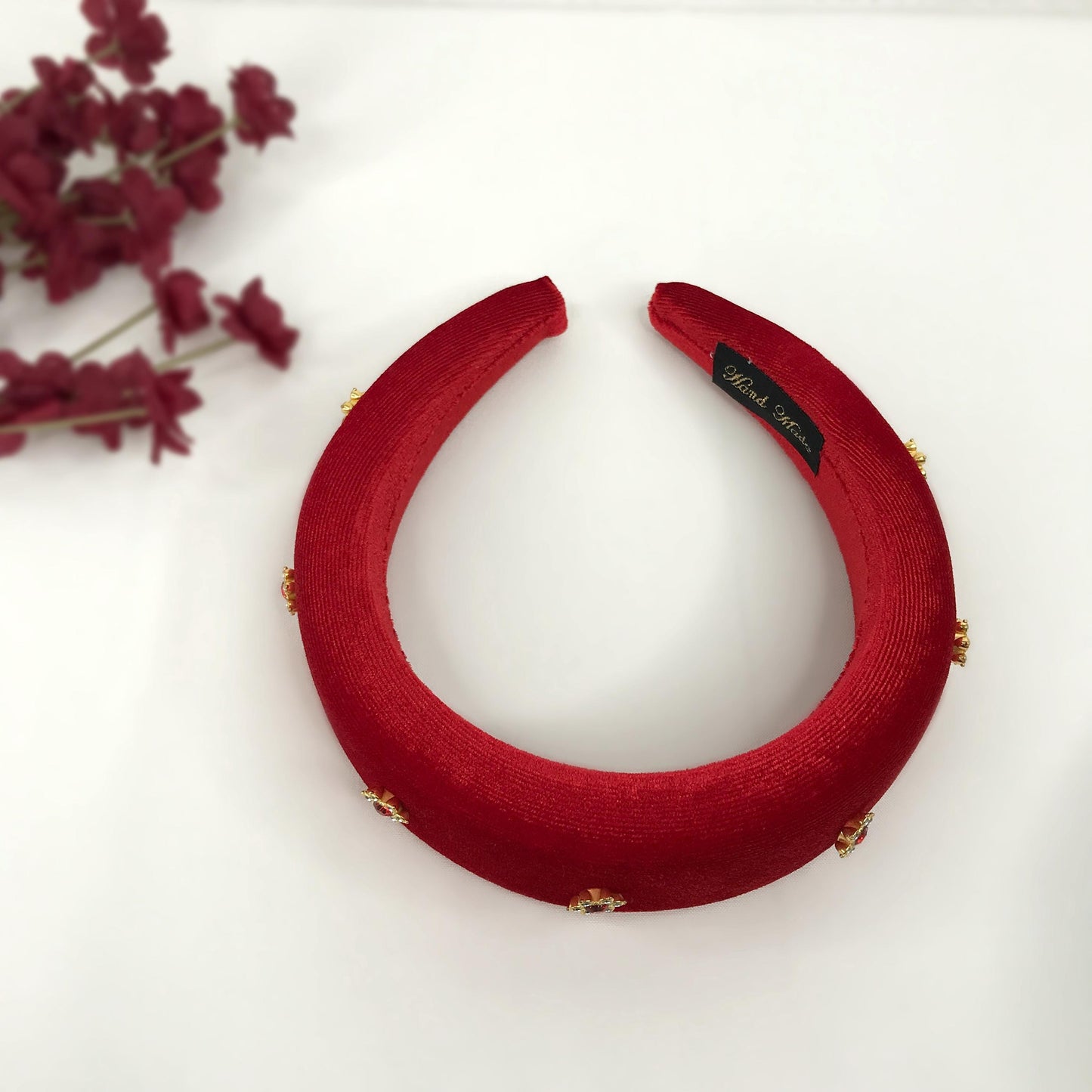 Handmade Red Velvet Gold Plated Clear Red Crystal Floral Flower Thick Statement Headband