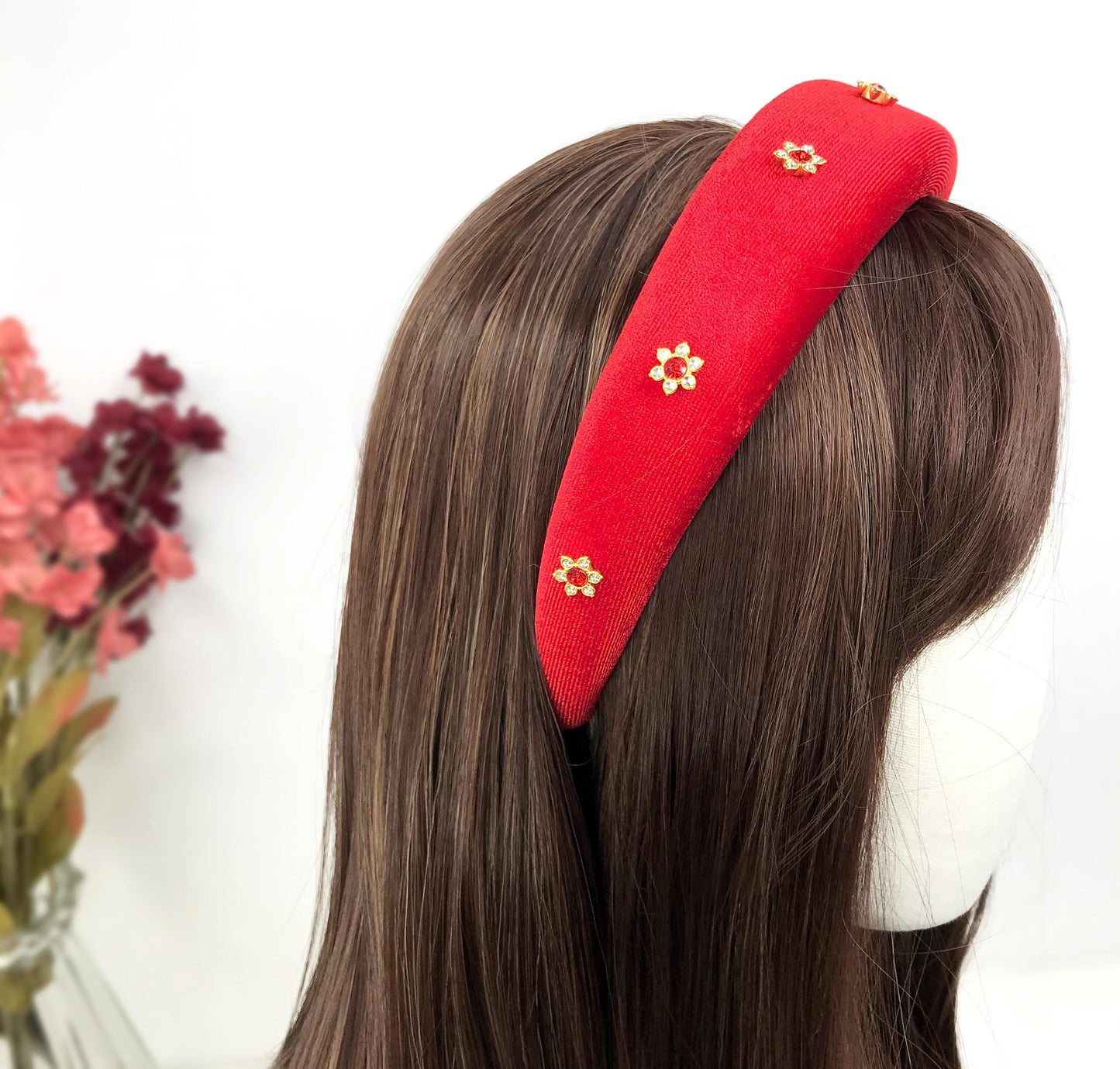 Handmade Red Velvet Gold Plated Clear Red Crystal Floral Flower Thick Statement Headband