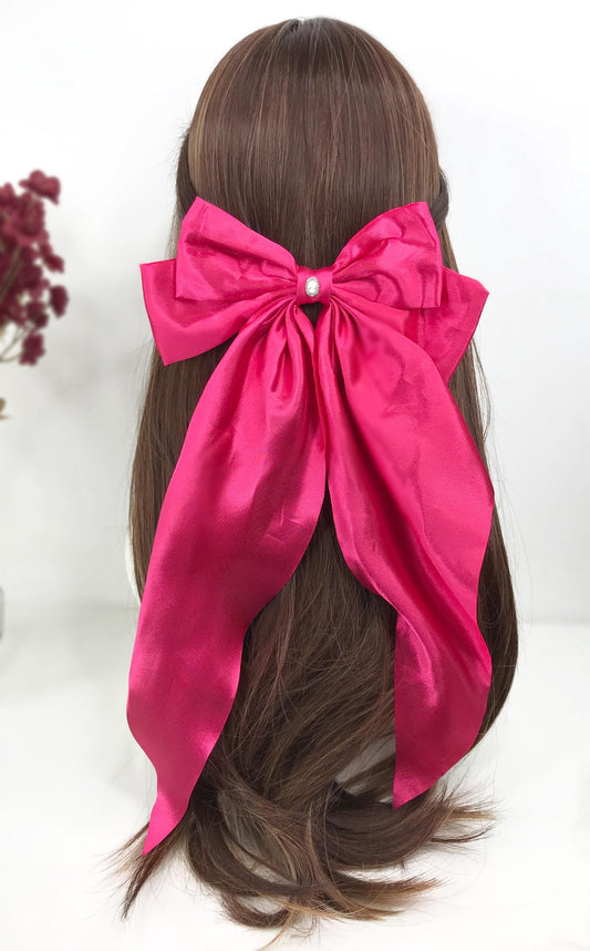 Handmade Hot Pink Satin White Small Dainty Victorian Style Cameo Feminine Oversized Large Statement Ribbon Bow Barrette Hair Clip