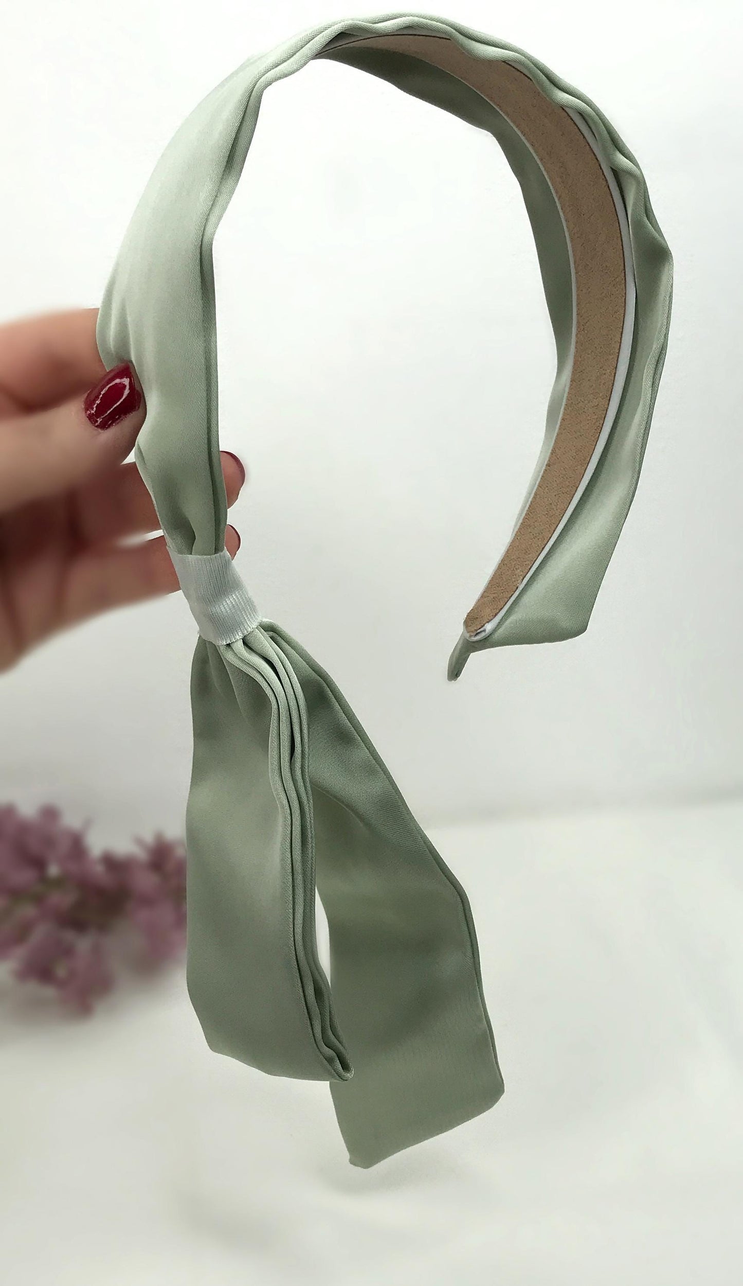 Handmade Sage Green Satin Side Flowing Ribbon Statement Feminine Headband Vintage 60s Audrey Hepburn Inspired