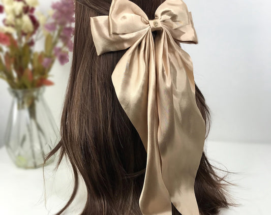 Handmade Beige Satin Brown Small Dainty Victorian Style Cameo Feminine Oversized Large Statement Ribbon Bow Barrette Hair Clip