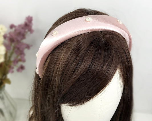 Handmade Light Pink Satin Faux Cream Pearl Floral Flower Feminine Statement Headband