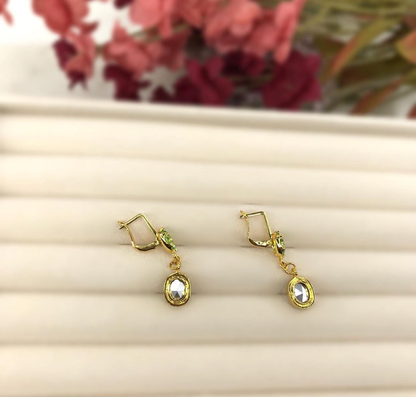 Handmade Green Oval Crystal Elegant Dangly Drop Latch Back Earrings