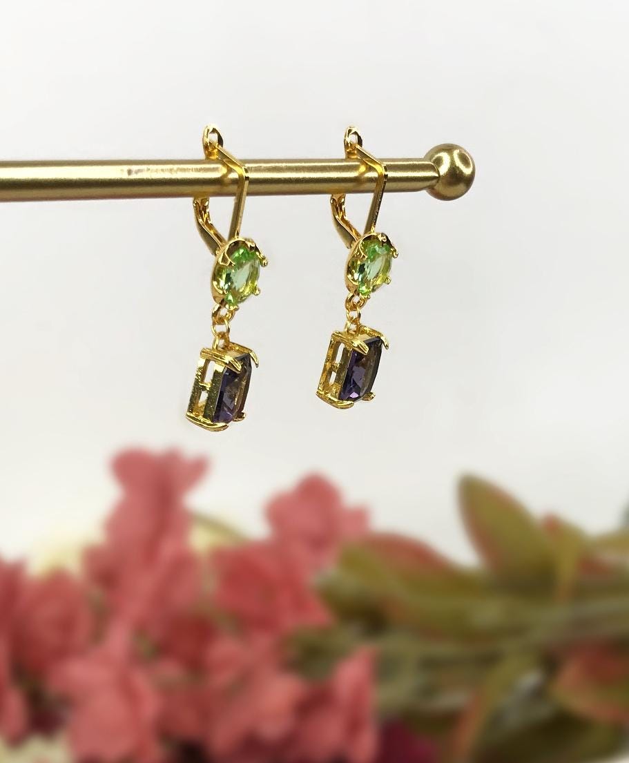 Handmade Light Green Purple Oval Square Crystal Dangly Drop Latch Back Earrings