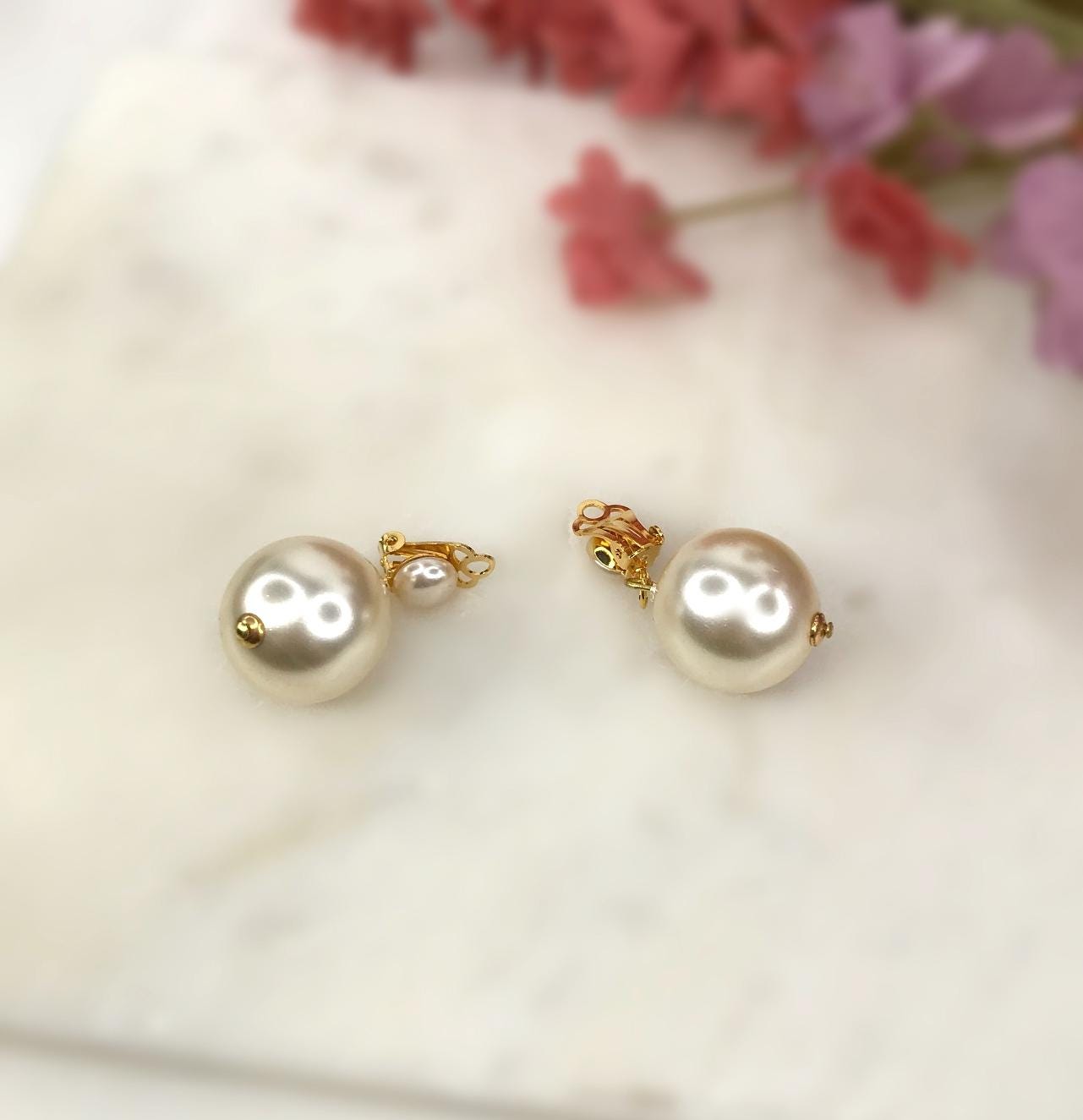 Handmade Vintage Repurposed Faux White Pearl Round Circle Large Statement Elegant Dangly Drop Clip On Earrings