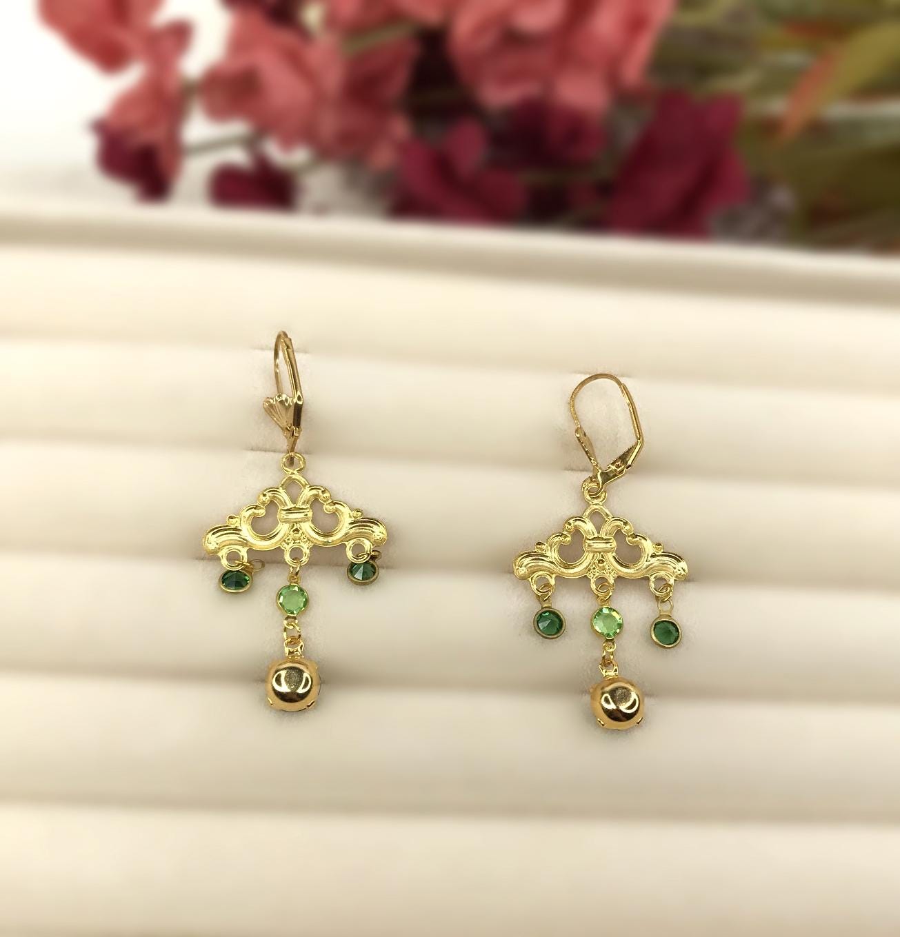 Handmade Vintage Repurposed Chandelier Green Crystal Round Circle Ornate Scroll Fan Dangly Drop Lever Back Earrings