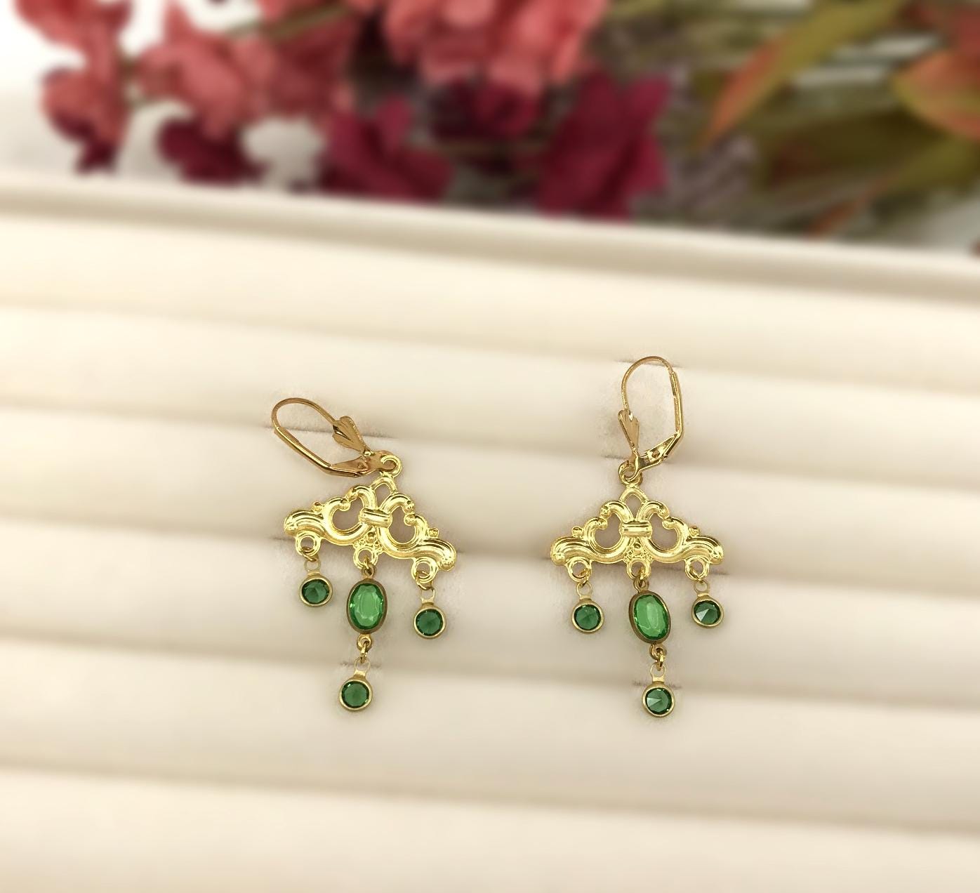 Handmade Vintage Repurposed Chandelier Green Crystal Round Circle Oval Ornate Scroll Fan Dangly Drop Lever Back Earrings