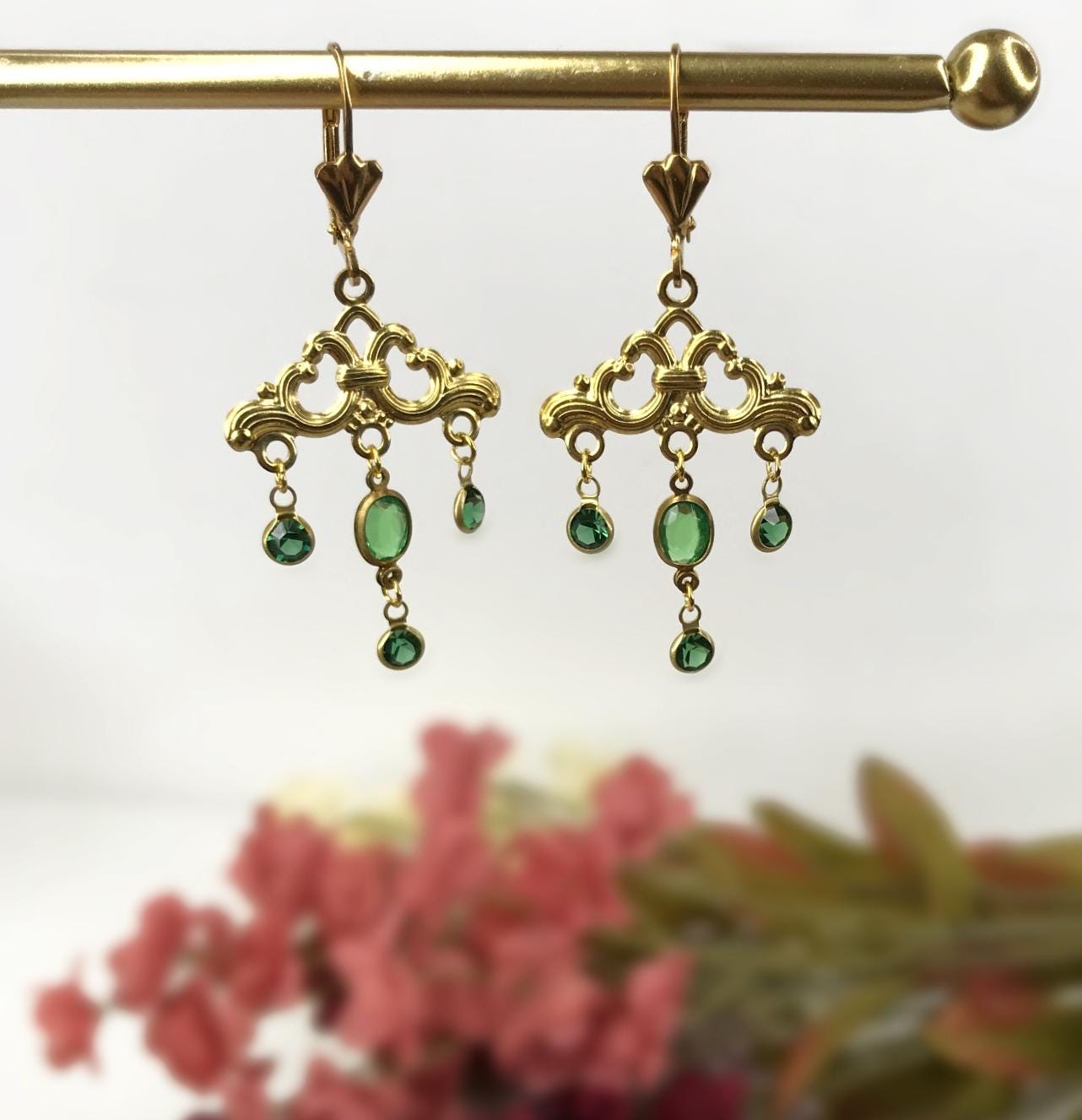 Handmade Vintage Repurposed Chandelier Green Crystal Round Circle Oval Ornate Scroll Fan Dangly Drop Lever Back Earrings